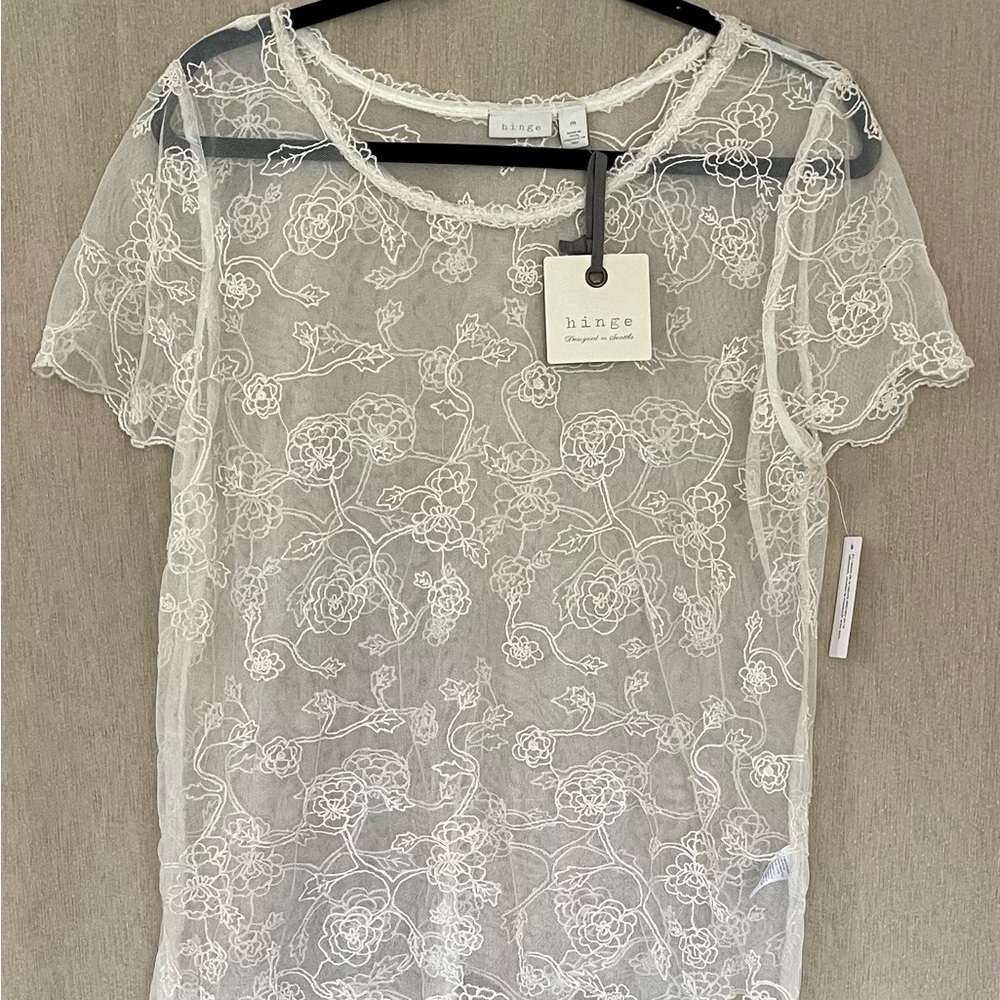 Hinge NWT sheer Belgium lace style top - fur that sexy but feminine look